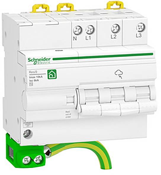 Egy Schneider Electric gyártmányú négypólusú védőkapcsoló sárga-zöld földelési csatlakozóval. Feliratozva: 'In = 63 A' és bekötési részletekkel.
