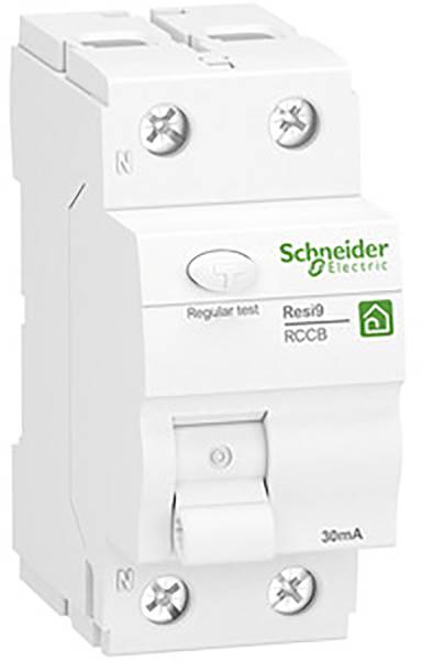 Egy fehér Schneider Electric FI-védőkapcsoló, amelyen a 'Rendszeres teszt', 'Resi9 RCCB' és egy ház szimbólum látható.