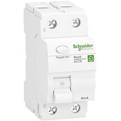 Egy fehér Schneider Electric FI-védőkapcsoló, amelyen a 'Rendszeres teszt', 'Resi9 RCCB' és egy ház szimbólum látható.