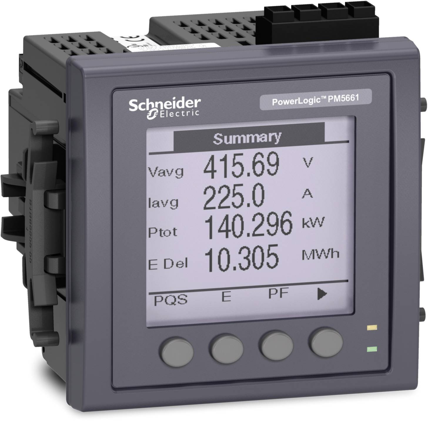 Egy szürke PowerLogic energiafelügyeleti eszköz kijelzője mutatja: átlagfeszültség 415,69 V, 225,0 A, 140,296 kW összteljesítmény.