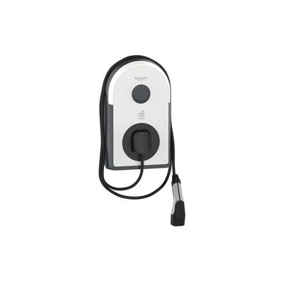 Egy fehér elektromos járművek töltőállomása fekete kábellel; modern dizájn.