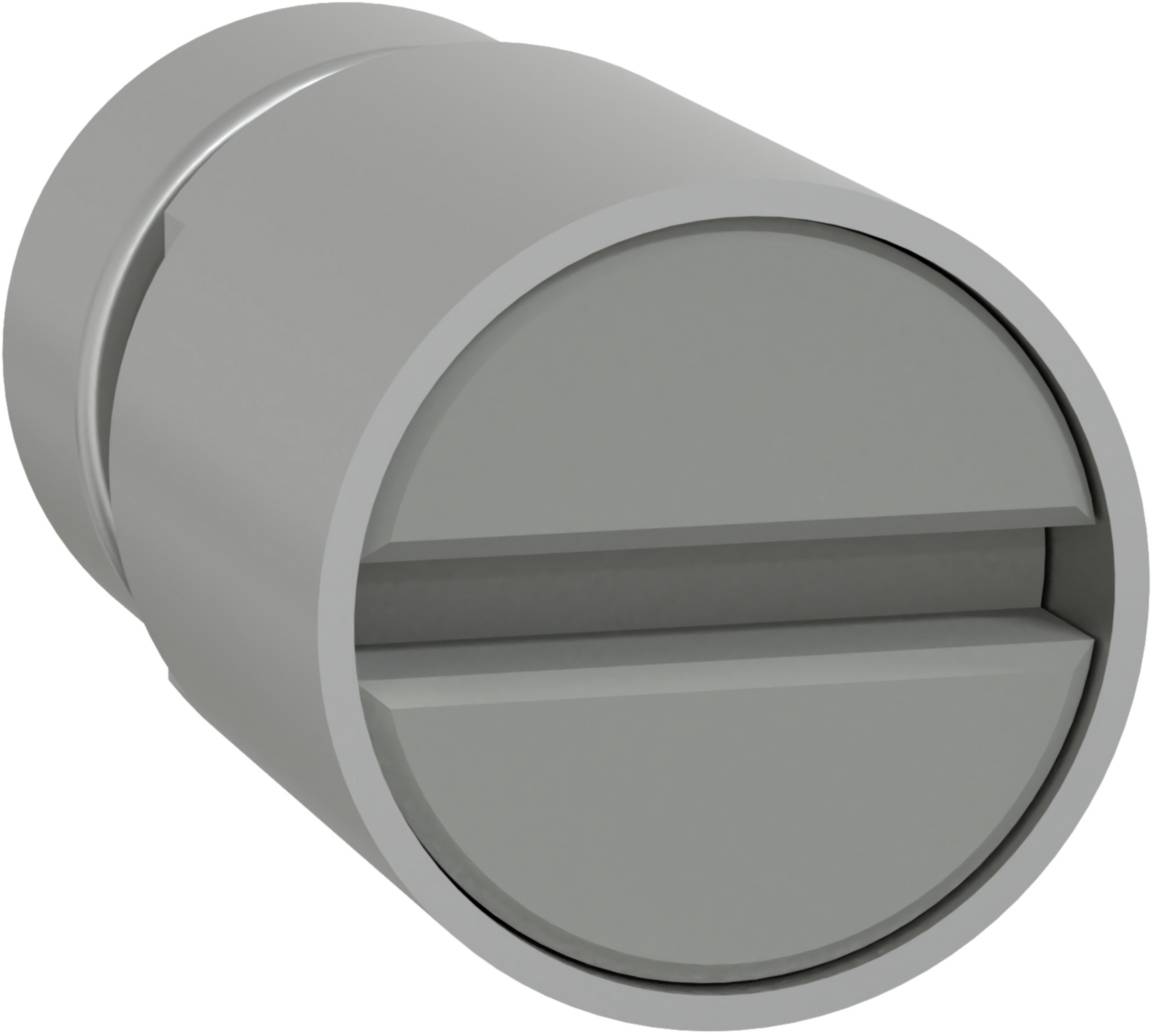 Egy szürke, hengeres fémtárgy széles kereszthornyos nyílással az elülső oldalán, valószínűleg egy csavar vagy egy csapszeg.