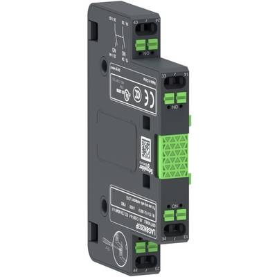 Elektromos kapcsolókészülék csatlakozókkal és címkékkel. A márkalogó és a tanúsítási jelzés jól látható.