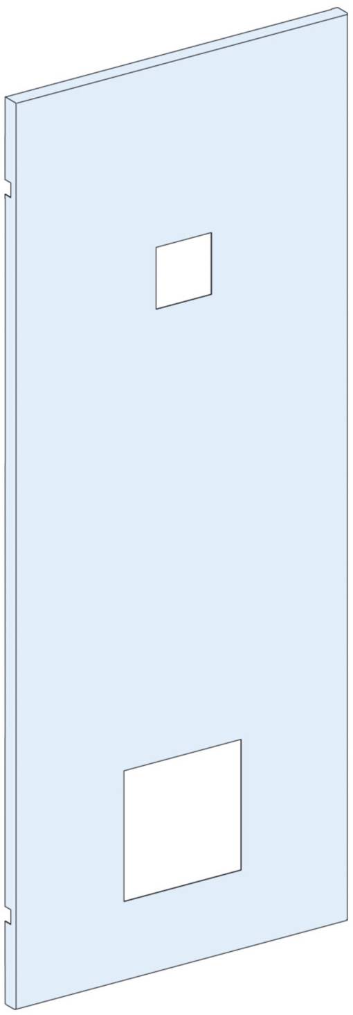 Kék téglalap alakú panel két négyzet alakú kivágással, egy fent és egy lent, valószínűleg szerelésre tervezve.