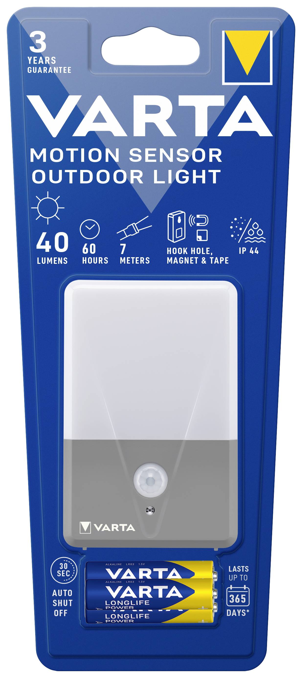'VARTA mozgásérzékelős kültéri lámpa, 40 lumen, 60 óra üzemidő, 7 méter hatótávolság, IP44, tartalmaz 3 db AA elemet, 3 év garancia.'