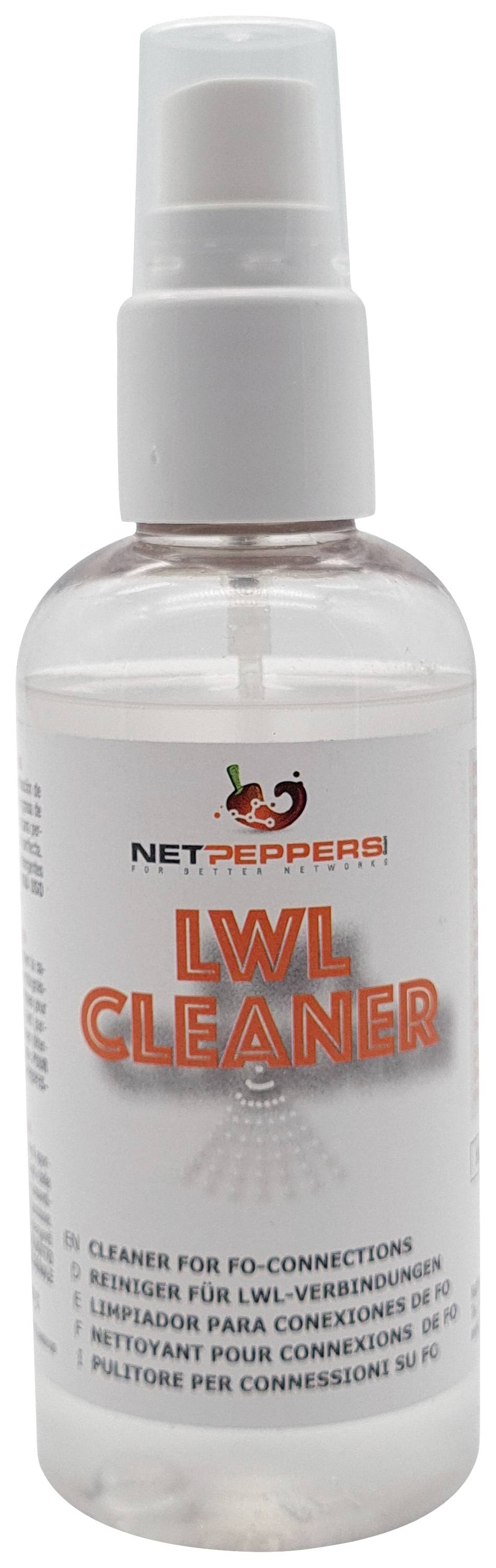 Egy spray flakon 'NET-PEPPERS LWL CLEANER' felirattal. A LWL-csatlakozások tisztítószere több nyelven feltüntetve.