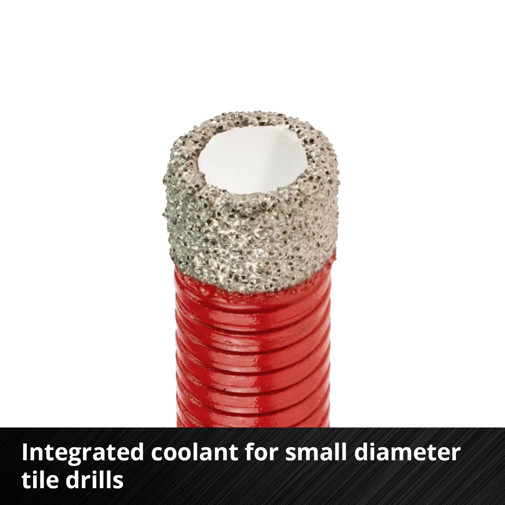Fúrófej integrált hűtőrendszerrel, alkalmas kisméretű csempék fúrásához. Piros szár, szürke hegy.