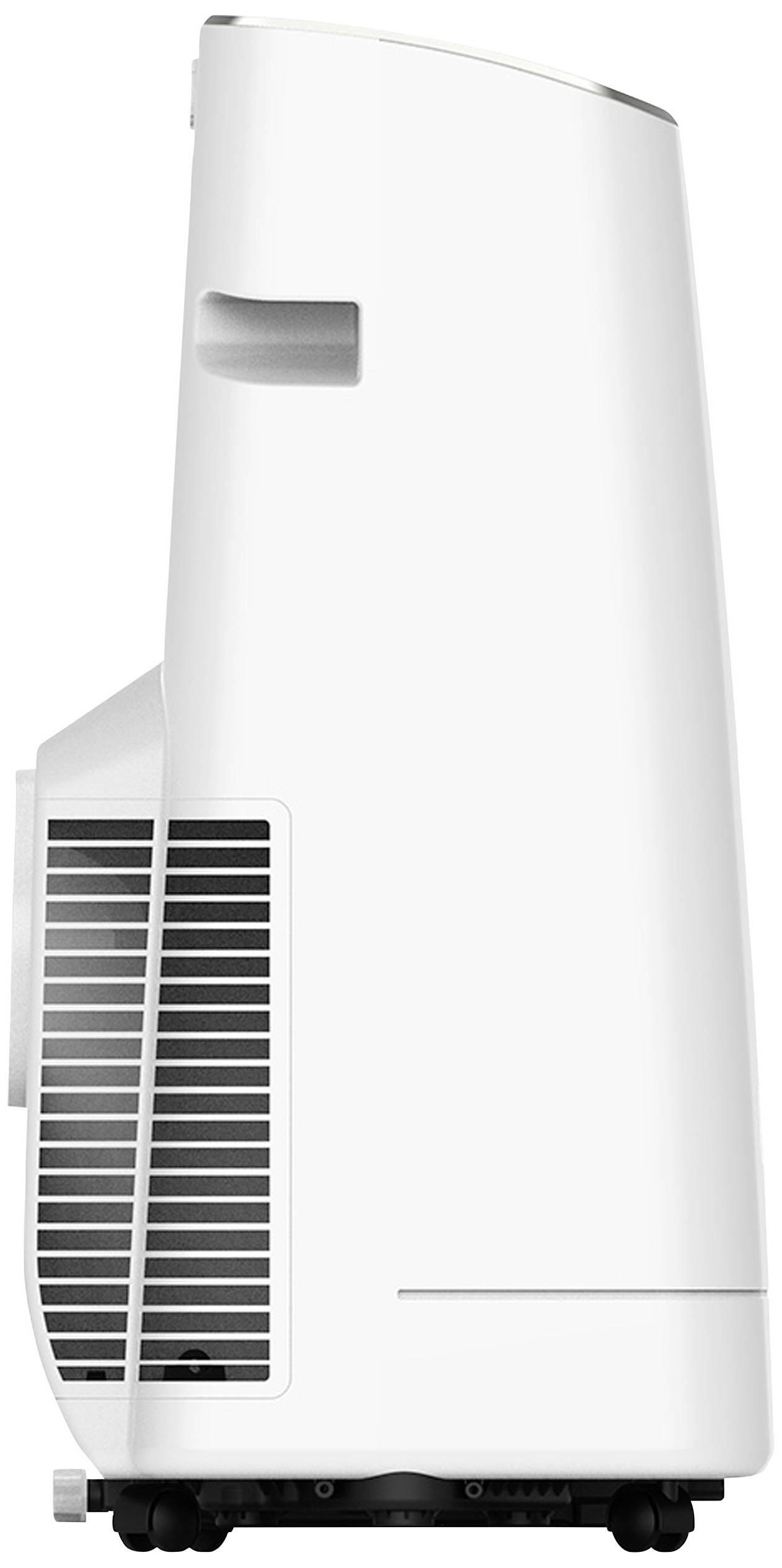 Egy fehér, modern légkondicionáló készülék oldalnézetben, szellőzőnyílásokkal és sima felülettel.
