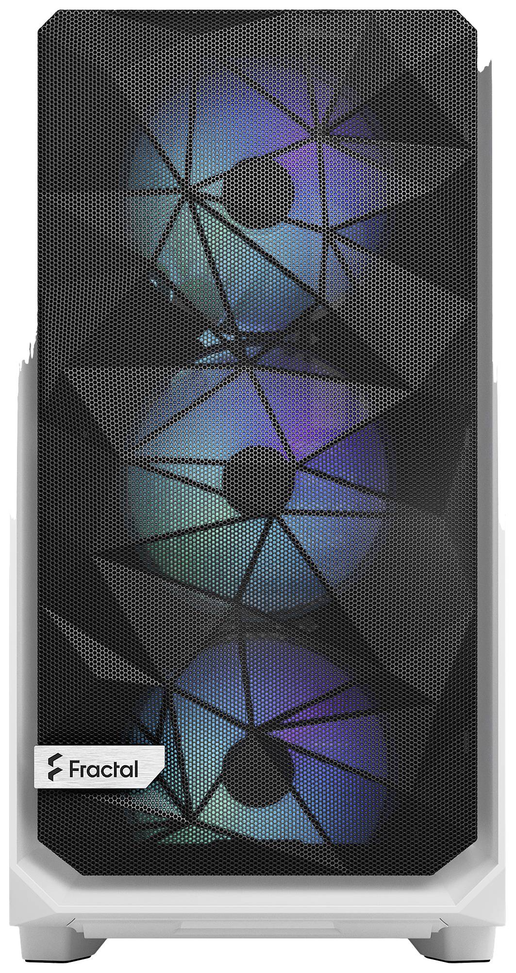 Egy háromszög alakú PC-ház, amelynek előlapján egy hálós panel mögött három látható ventilátor tekinthető meg, színes RGB-megvilágítással.