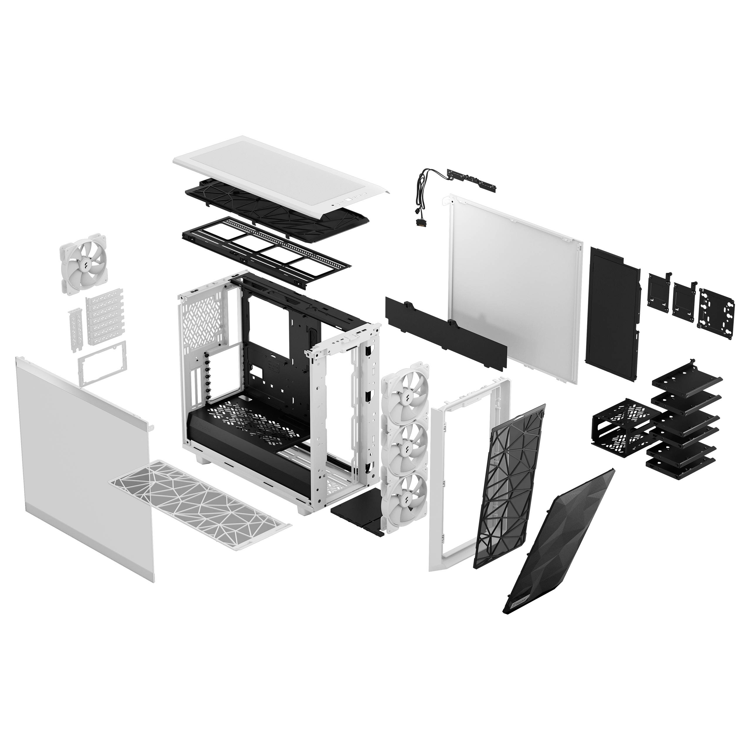 Szétszerelt számítógépház különböző komponensekkel: ventilátorok, oldalfalak, váz és rögzítősínek külön darabokra bontva.