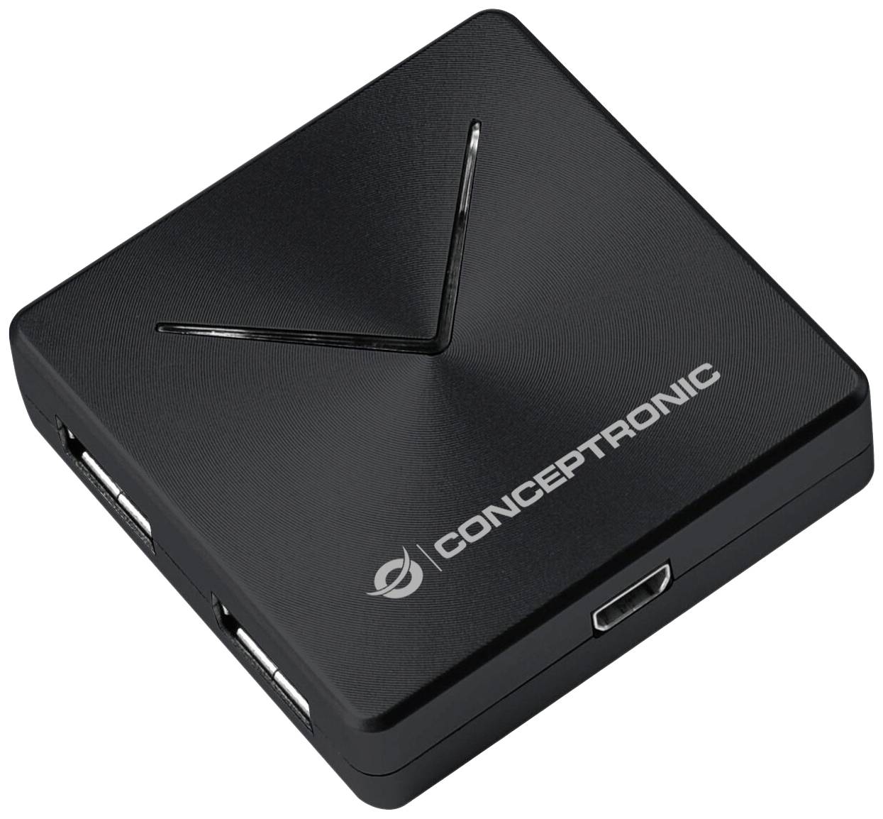 Fekete, négyzet alakú eszköz a 'CONCEPTRONIC' logóval a felületén. Több USB-csatlakozóval rendelkezik.