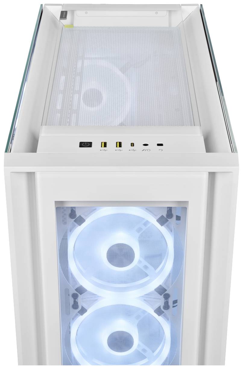 Fehér számítógépház két elülső oldali megvilágított ventilátorral és több csatlakozóval, köztük USB-portokkal a tetején.