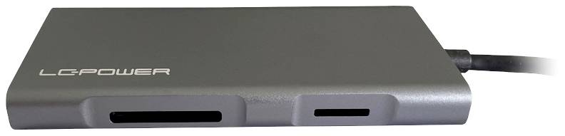 Egy szürke, több csatlakozóval rendelkező USB-elosztó LC-Power márkatól, benne SD- és MicroSD-kártya olvasókkal, fehér felületen fekszik.
