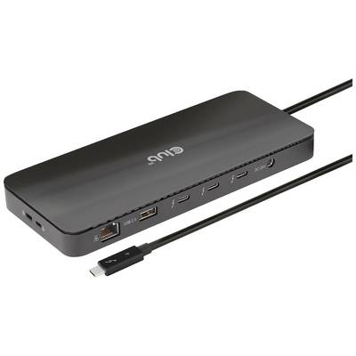 Egy fekete USB-C dokkoló több csatlakozóval, köztük USB, HDMI, Ethernet és audió bemenetekkel, sokoldalú kapcsolódási lehetőségeket kínál.