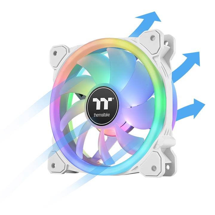 Egy fehér Thermaltake számítógép ventilátor szivárvány LED-es megvilágítással. Kék nyilak jelzik a légáramlás irányát.
