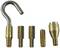 Öt arany menetű alkatrész: egy horog, három távtartó és egy kúpos végdarab. Használható szereléshez vagy műszaki célokra.