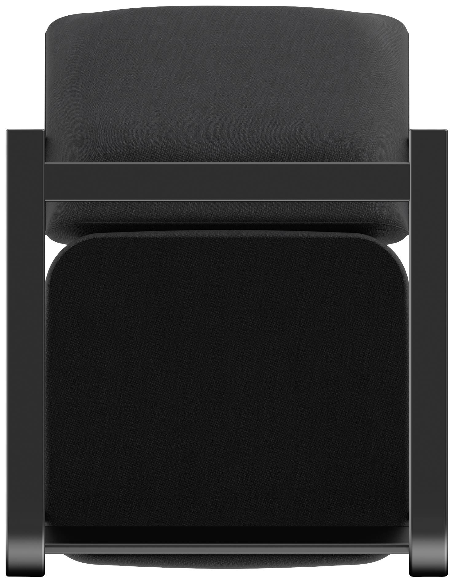 Felülnézetből egy fekete szék, amelynek téglalap alakú ülőfelülete és háttámlája van. Minimalista design, egyenes vonalak.