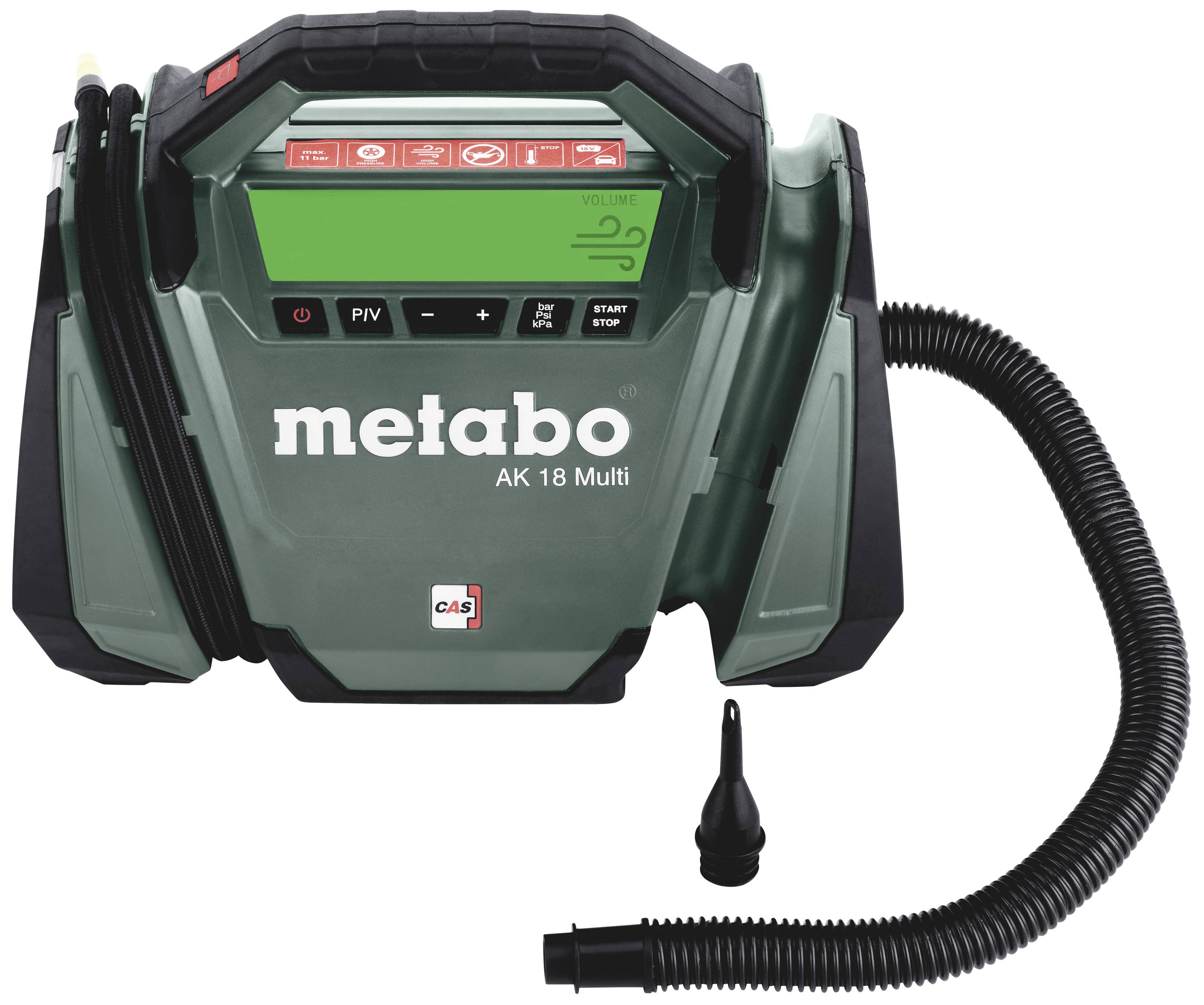 Metabo AK 18 Multi hordozható pumpa digitális kijelzővel, kezelőszervekkel és tömlővel; ideális gumiabroncsok és egyebek felfújásához.