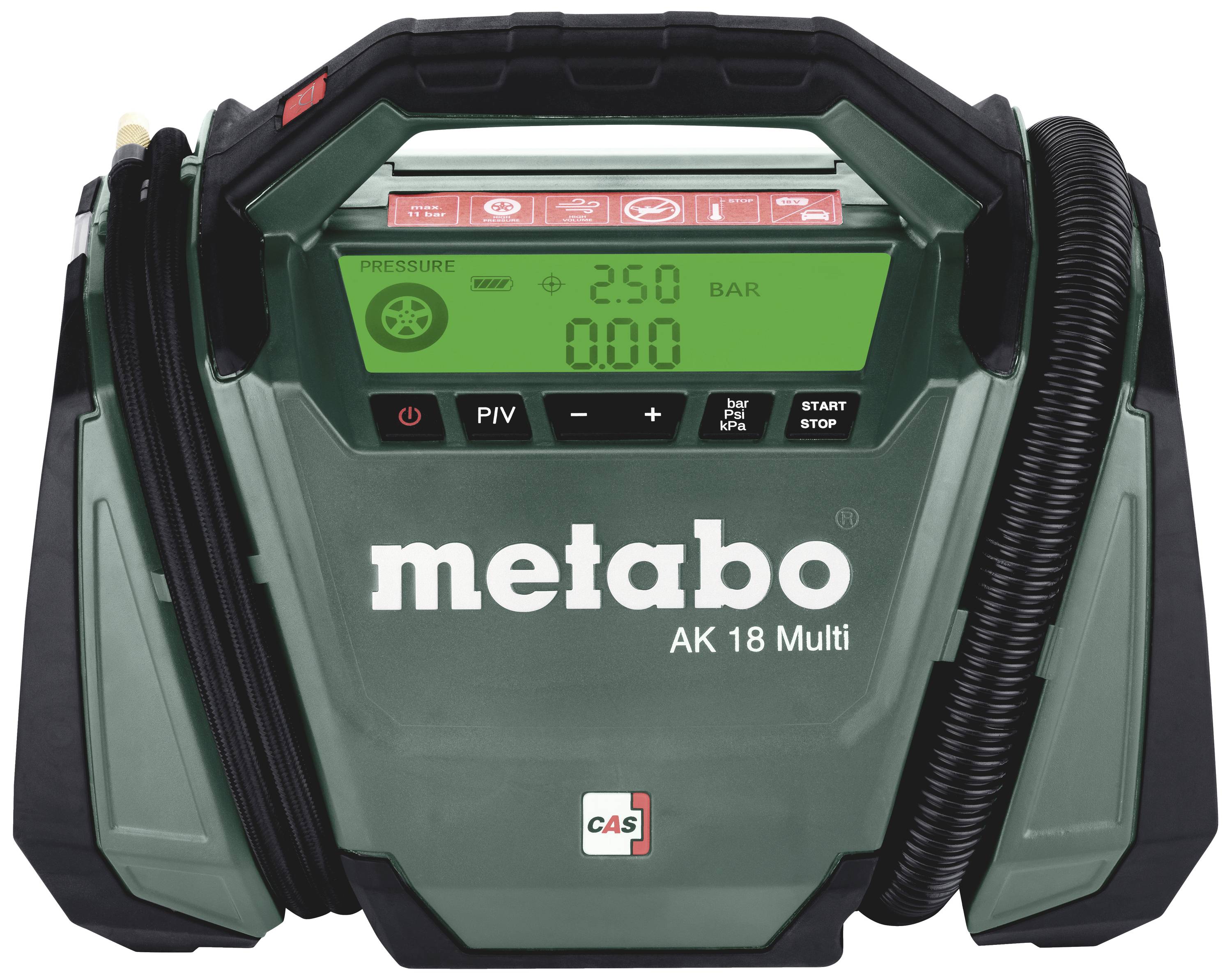 'Metabo AK 18 Multi' hordozható kompresszor, kijelzőjén 2,50 bar nyomás látható. Ideális sokféle nyomási alkalmazáshoz.