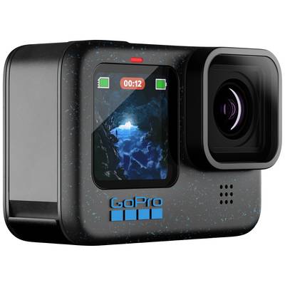 Egy fekete akciókamera kijelzővel barlangképet mutat. A képernyőn '00:12' látható. Egy kék logós GoPro kamera.