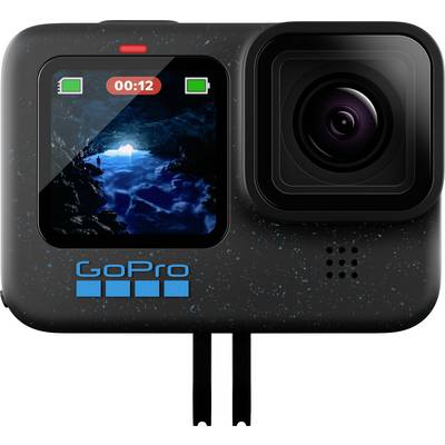 Fekete GoPro kamera képernyővel, amelyen egy barlang kék vizű képe látható. A kamera 00:12 felvételi időt mutat.