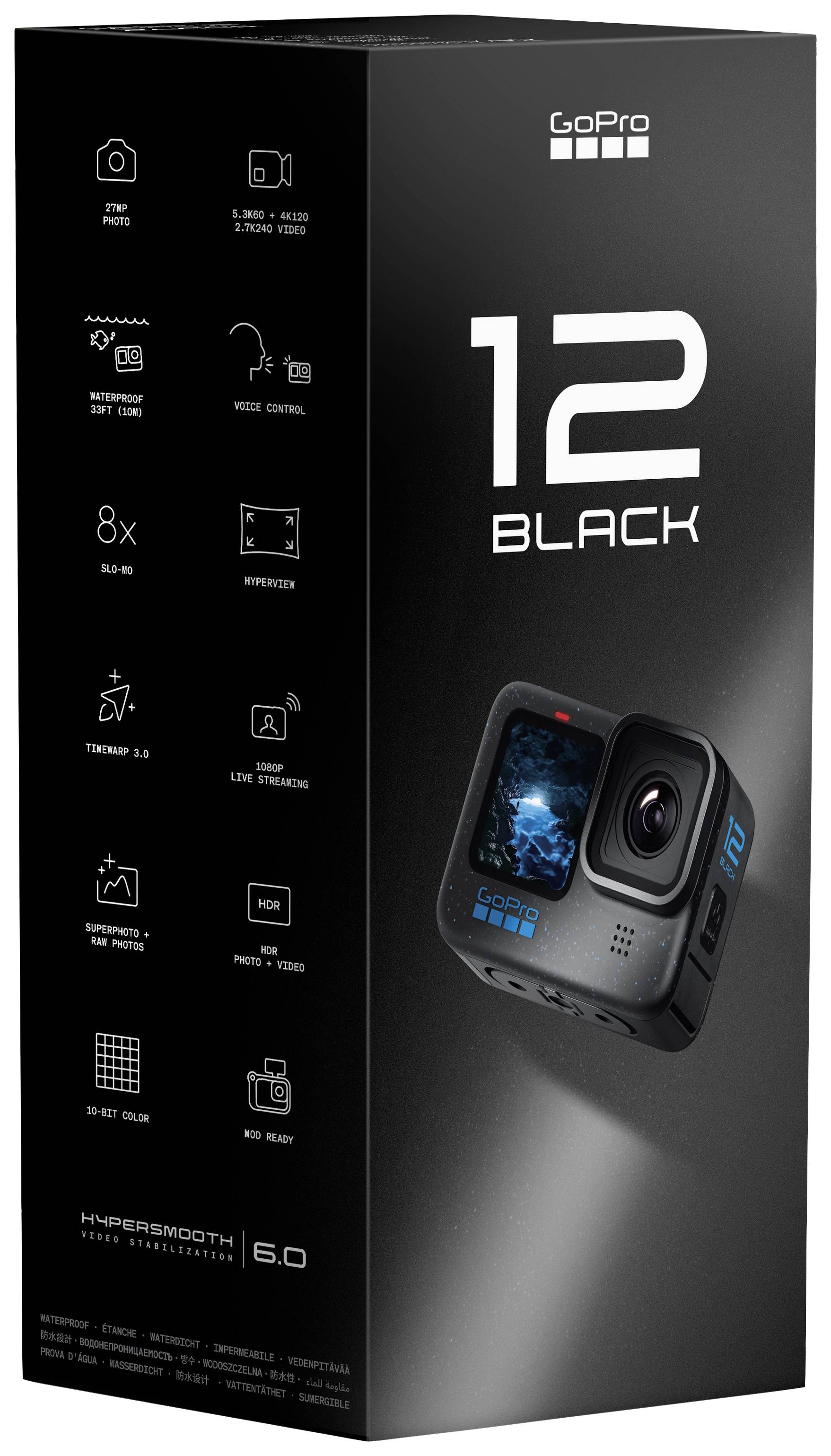 GoPro kamera doboza '12 Black' felirattal, amelyen látható a kamera és olyan funkciók vannak feltüntetve, mint a 5.3K felbontás, vízállóság és 8x lassított felvétel.