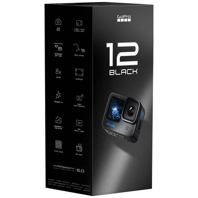 GoPro kamera doboza '12 Black' felirattal, amelyen látható a kamera és olyan funkciók vannak feltüntetve, mint a 5.3K felbontás, vízállóság és 8x lassított felvétel.