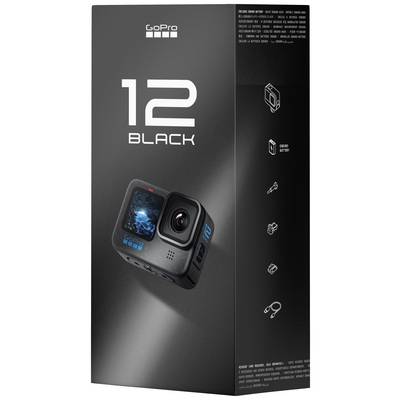 A GoPro '12 Black' kamera csomagolása. Bemutatja a kamera dizájnját, kiemelt funkcióit és szimbólumokat a tartozékokhoz és jellemzőkhöz.
