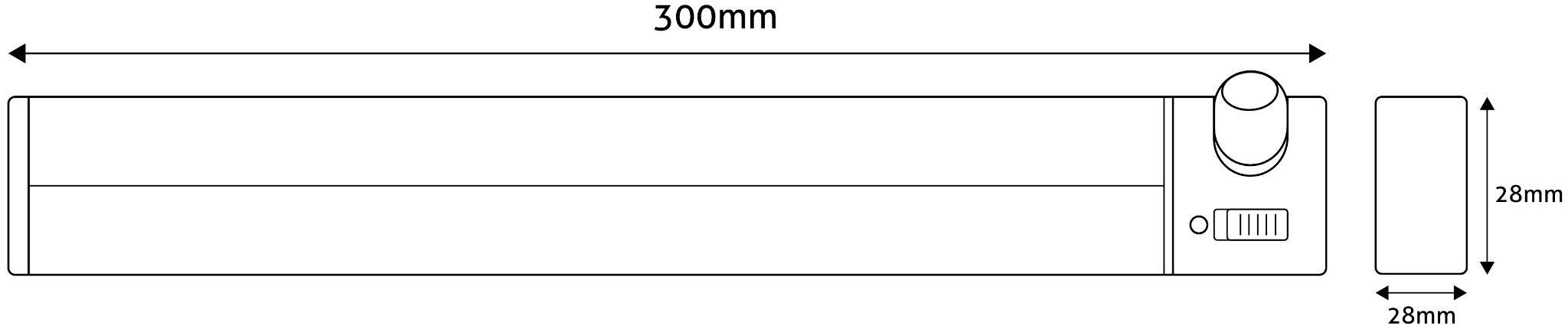 Műszaki rajz egy 300 mm hosszúságú és 28 mm átmérőjű hengeres tárgyról, gomb és kapcsoló a jobb oldalon.