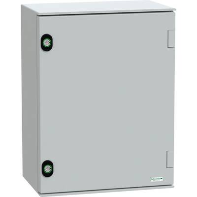 Egy szürke fém elektromos védőszekrény két fekete köralakú zárral és egy kis Schneider Electric logóval a jobb alsó sarokban.