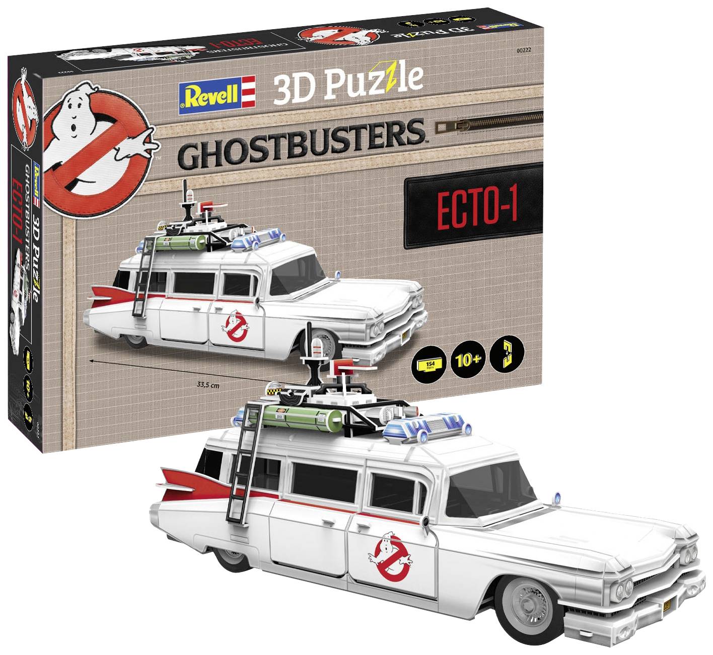 '3D puzzle a Revell-től: Szellemirtók Ecto-1 modellautó. 10 éves kortól ajánlott. A csomagolás a kész modellt mutatja.'