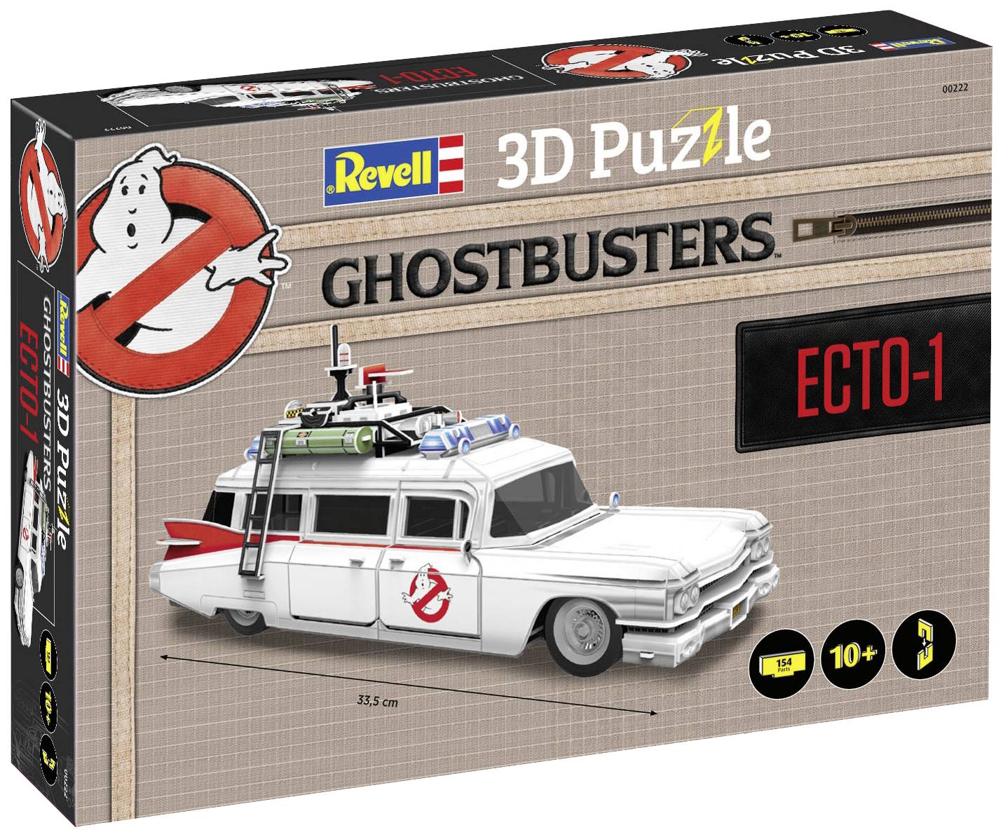 A Revell 3D-puzzle doboza, amely a Szellemirtók 'Ecto-1' autóját ábrázolja. Ajánlott életkor: 10+, 128 darab, méretarány 1:25.