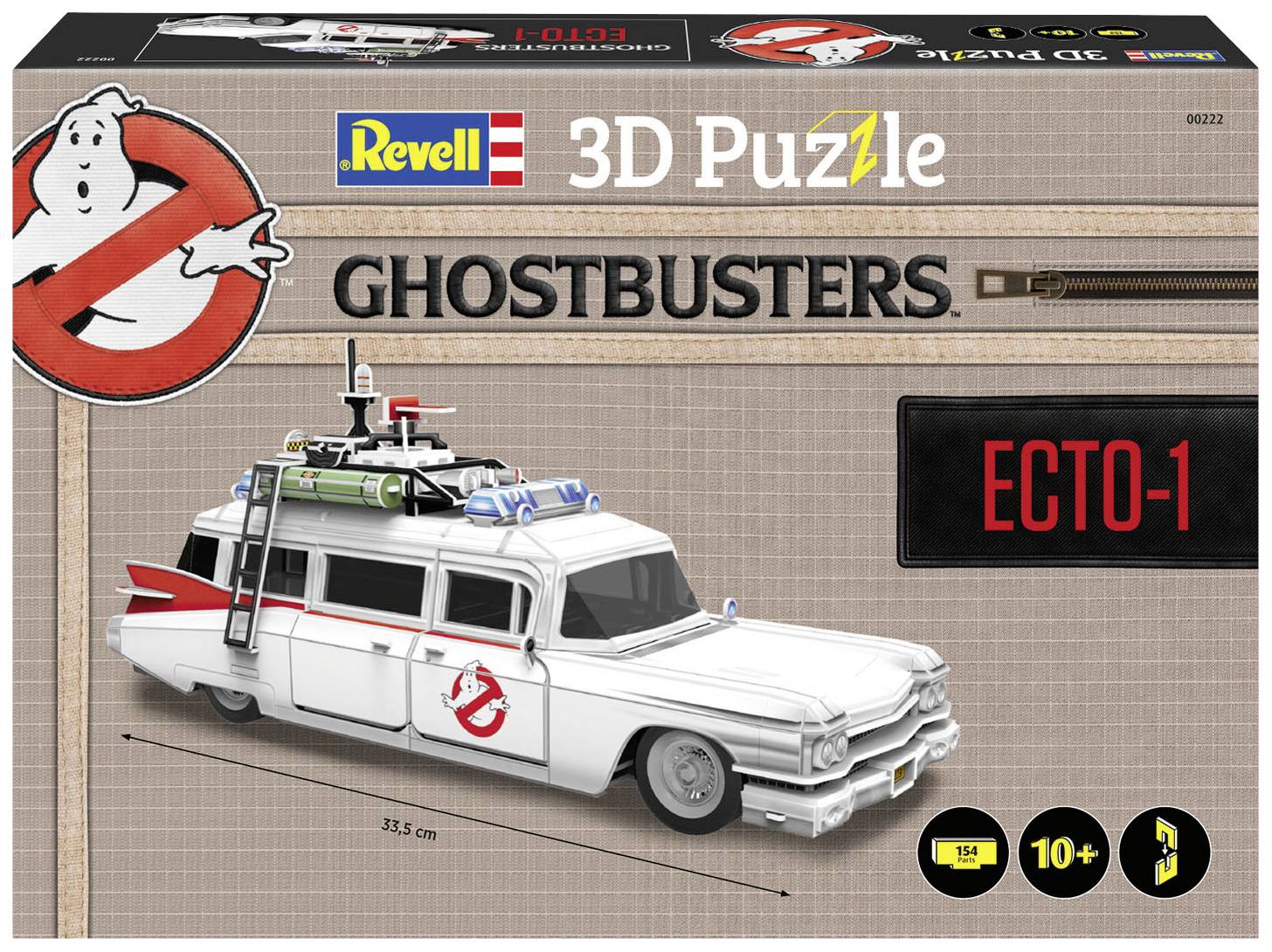 A Revell '3D Puzzle' Ecto-1 modellje a Szellemirtókból. A fehér jármű piros Szellemirtók logóval van ábrázolva. 10 éves kortól ajánlott.