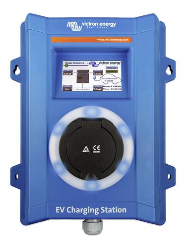 Kék elektromos töltőállomás, felső részén dugaljjal és kis képernyővel, rajta a Victron Energy logóval. Elektromos járművek töltésére alkalmas.