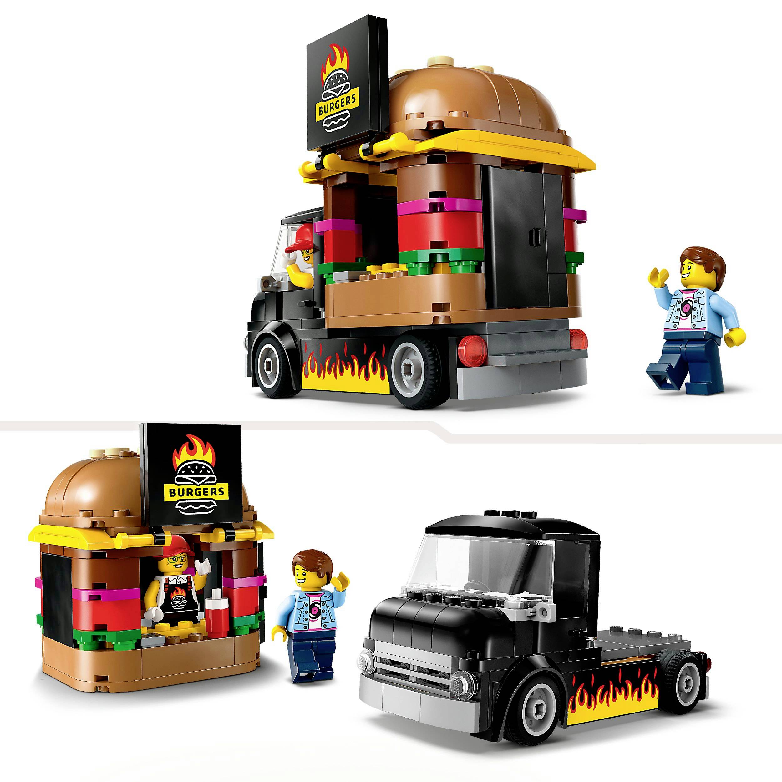 Hamburger-foodtruck játékmodell. A fő elem egy fekete teherautó, levehető arany hamburger-tetővel. Figura mellette.