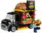Egy fekete LEGO food truck burger logóval és lángmotívummal. Benne egy figura, aki burgert szolgál fel. Kívül egy figura tart egy hamburgert.