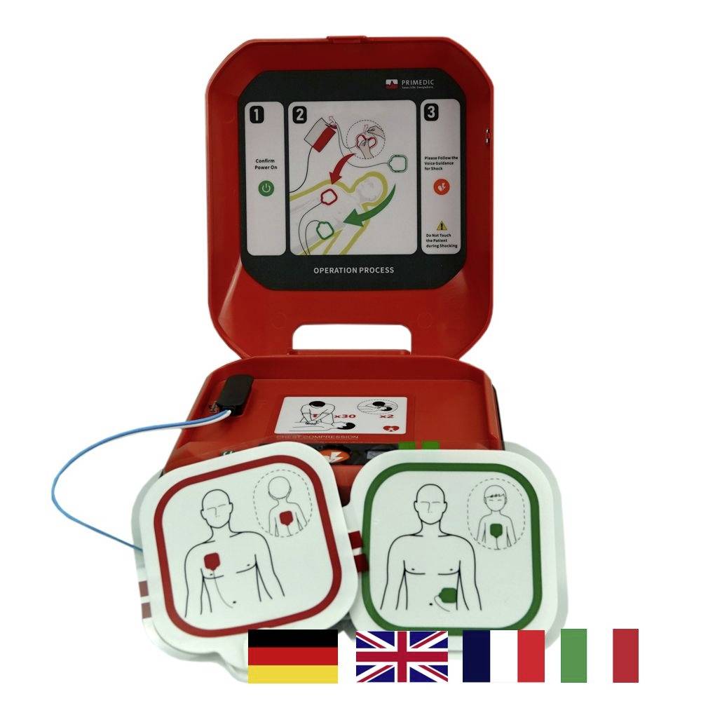 Defibrillátor két elektróddal és képes használati útmutatóval. Alatta Németország, Nagy-Britannia, Franciaország és Olaszország zászlói.