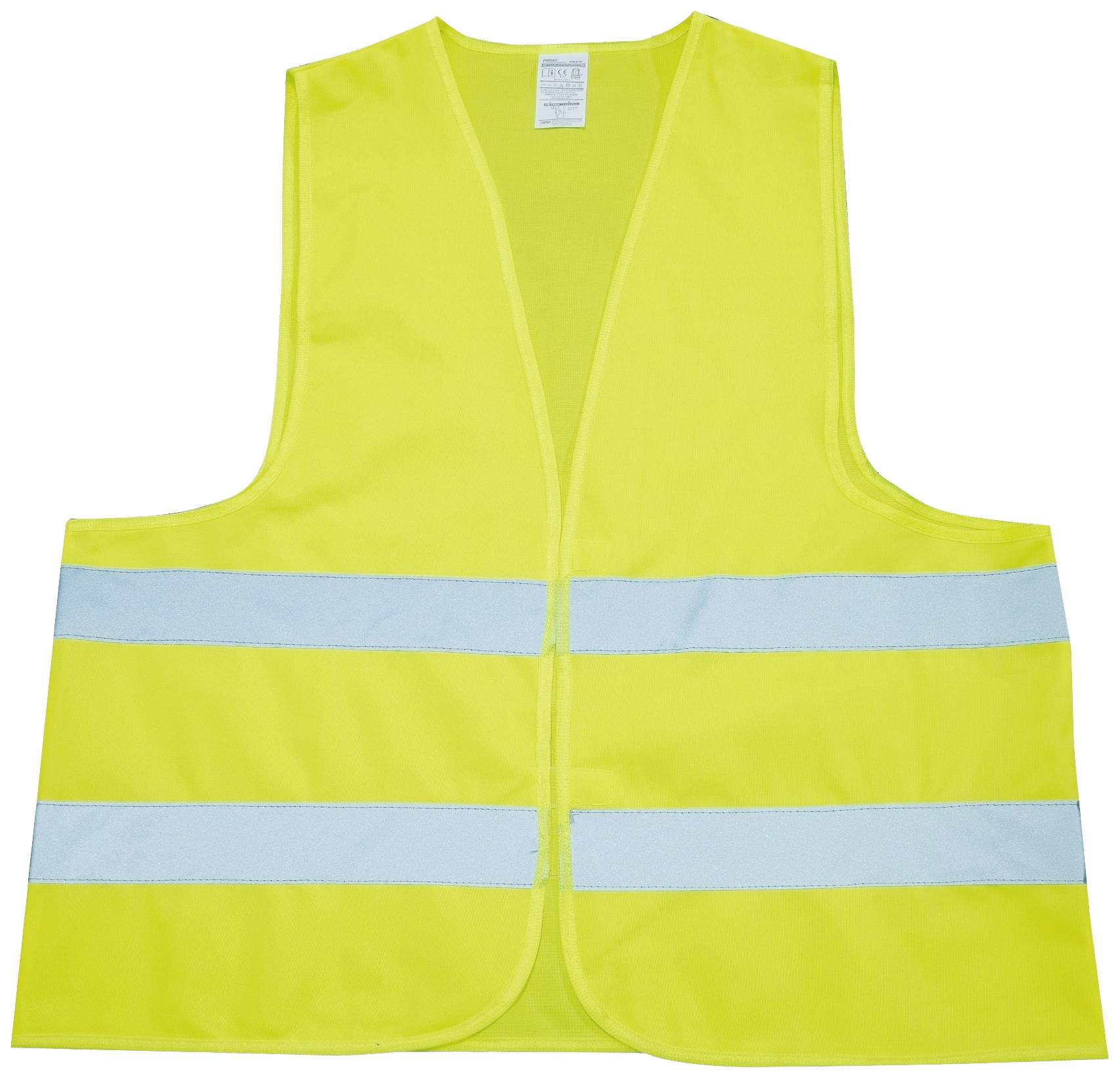 Sárga figyelmeztető mellény két vízszintes, fényvisszaverő csíkkal, amelyek keresztben húzódnak a mellény elején.