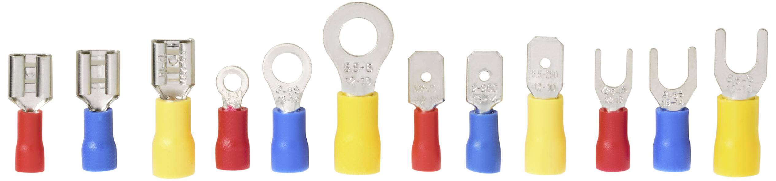 Egy sor szigetelt kábelsaru különböző formákban és színekben, köztük piros, kék és sárga, elektromos csatlakozáshoz.