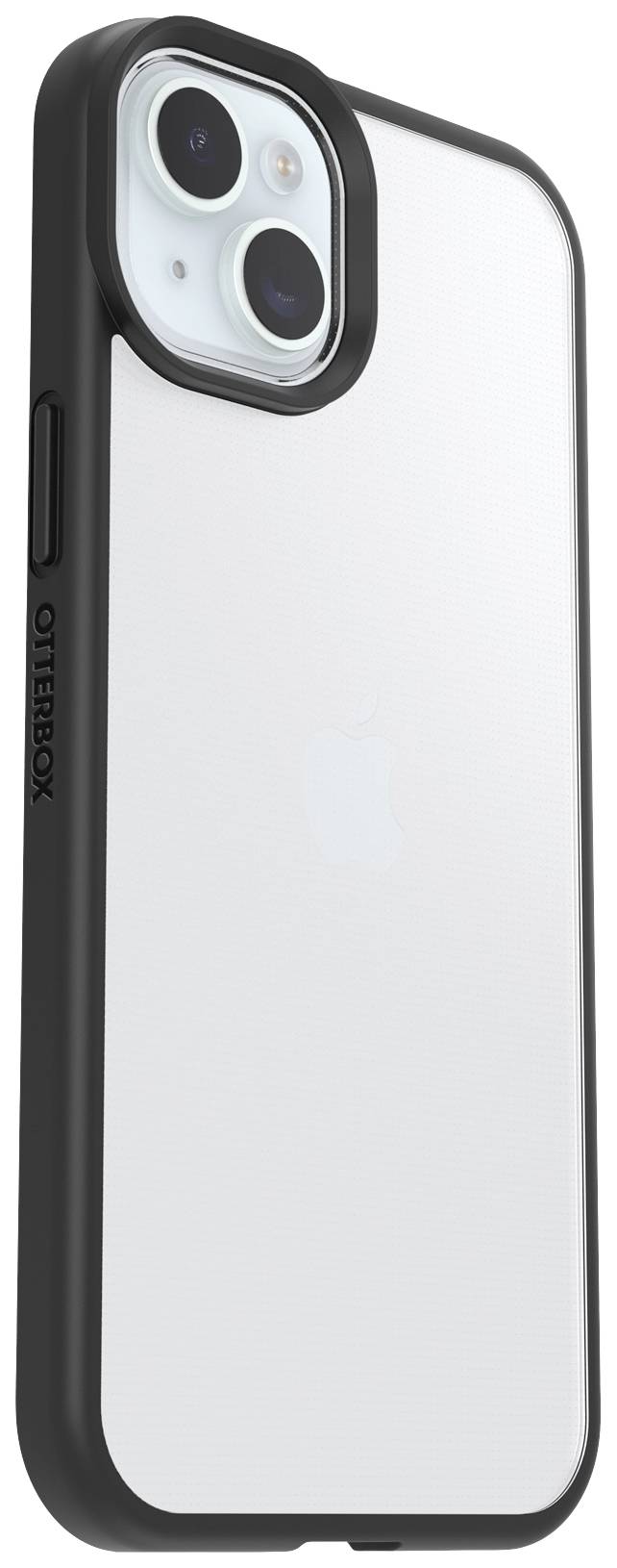 Egy modern okostelefon fehér hátlappal és két kamerával, amelyet egy fekete OtterBox védőtok véd.