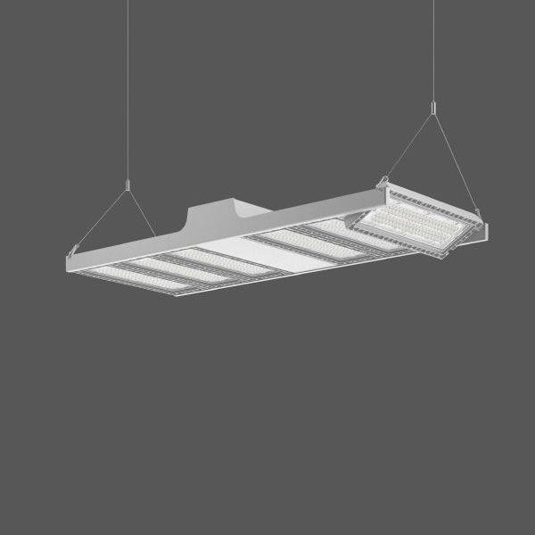 Egy téglalap alakú LED-lámpa lóg a mennyezetről. Egyszerű, modern formatervezéssel rendelkezik, több LED-panellel.
