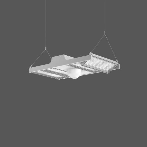 Modern LED-es ipari csarnokvilágító, négyzet alakú kivitelben, ezüst burkolattal, két tartókötélen felfüggesztve.