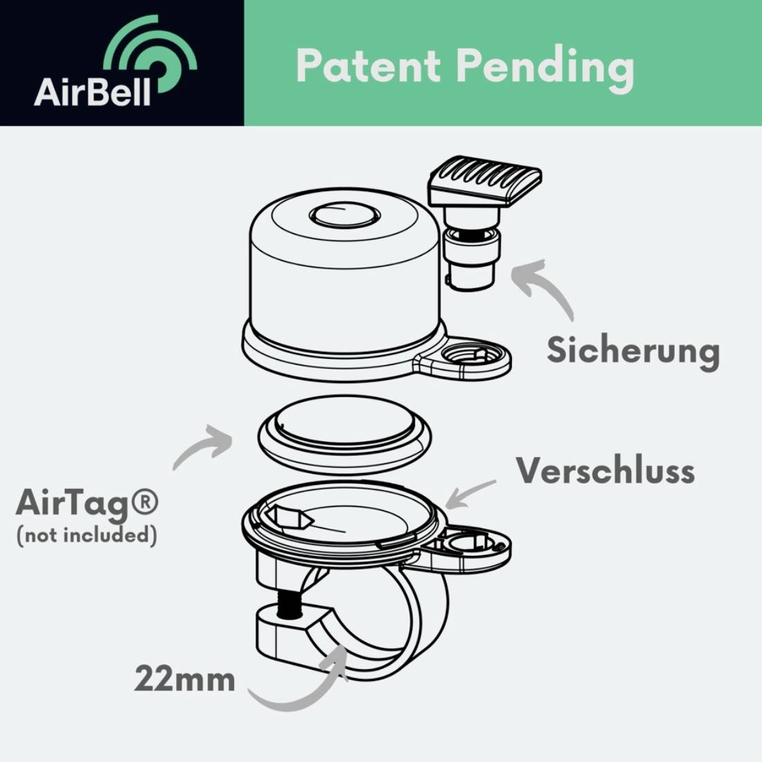 A grafika egy AirBell nevű AirTag-tartó sematikus ábrázolását mutatja. Bemutatja a szerkezetet, amelynek részei a rögzítő, zár és a 22 mm-es kormányszárakhoz való illeszthetőség.