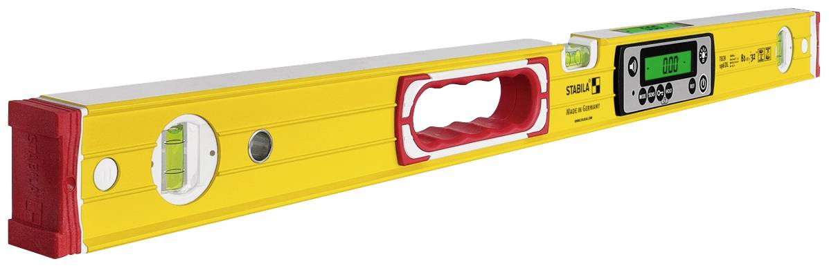 Sárga házú elektronikus vízmérték digitális kijelzővel. Különböző szögek mérésére alkalmas több libellával rendelkezik.