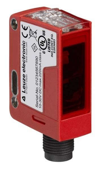 Egy Leuze electronic piros optoelektronikai érzékelő tárgyelismerésre. A műszaki specifikációk a lapon találhatók.
