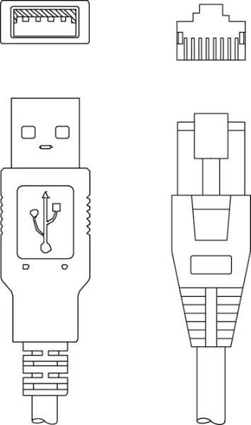 USB- és Ethernet-csatlakozók és aljzatok illusztrációja.