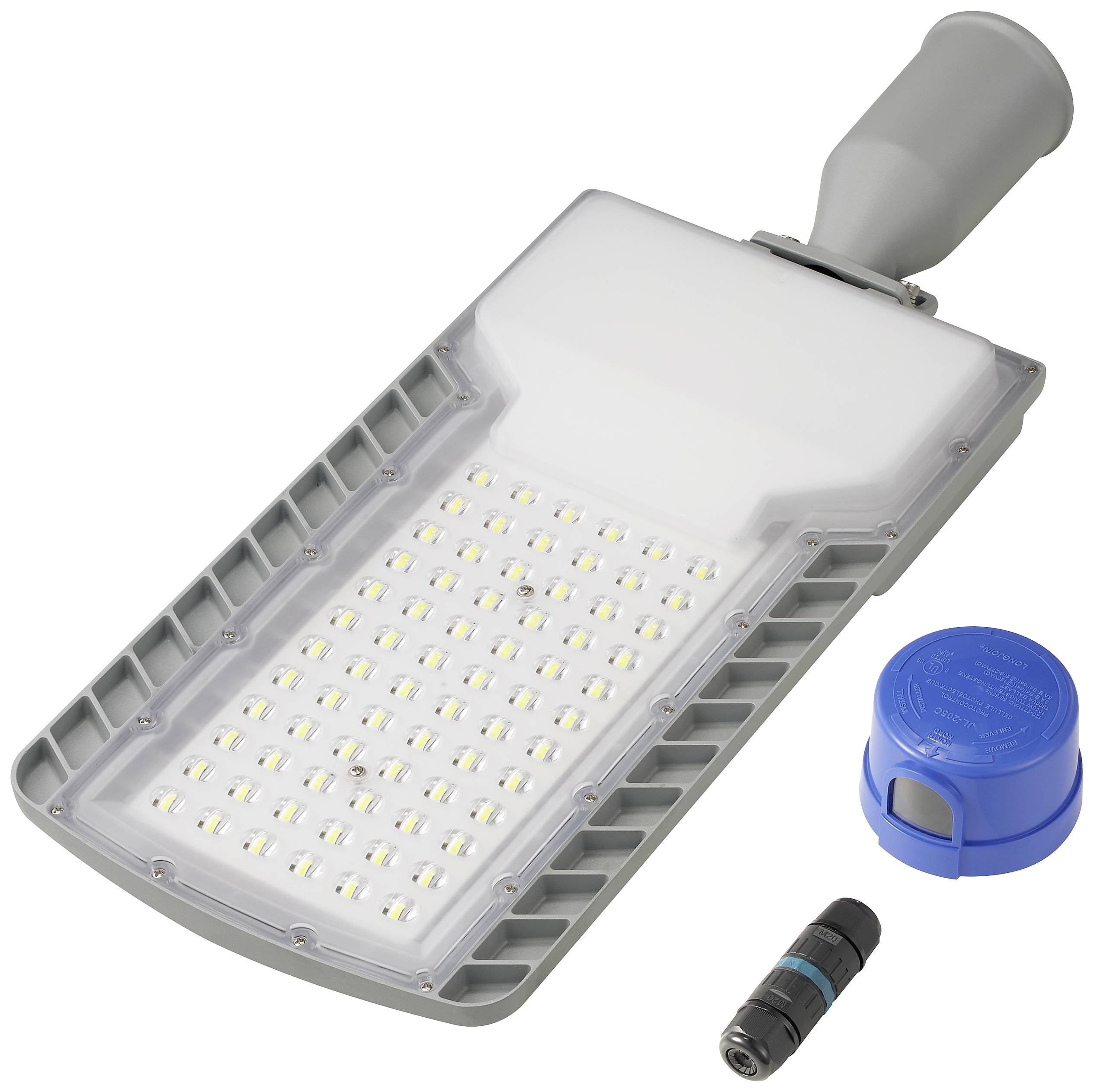 Egy modern LED-es közvilágítási lámpatest, amelynek leszerelhető komponensei vannak, beleértve egy kék modult és egy kisebb adaptert.