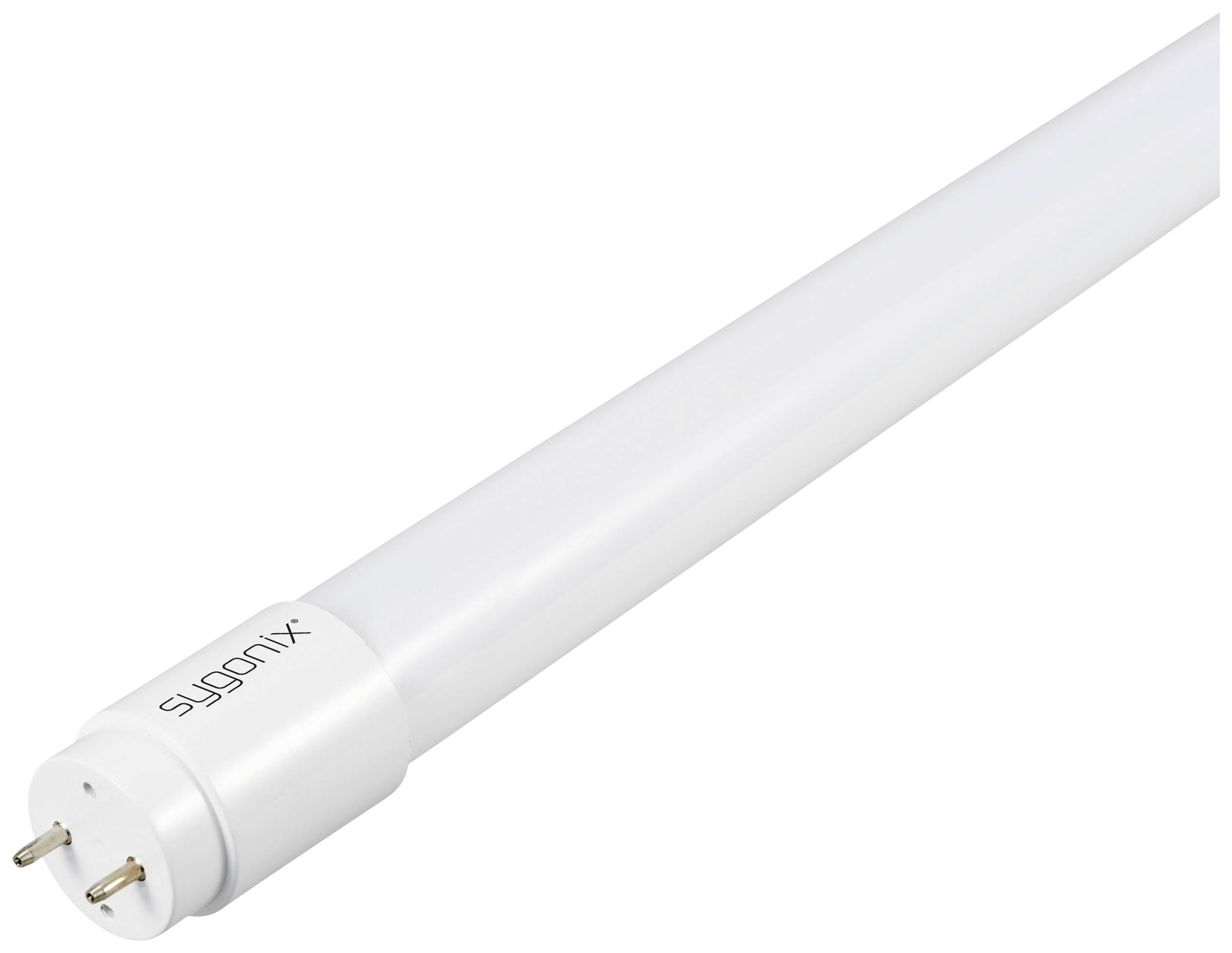 Fehér LED-cső két érintkezővel az egyik végén, világításra alkalmas. A csövön felismerhető a 'sygonix' felirat.