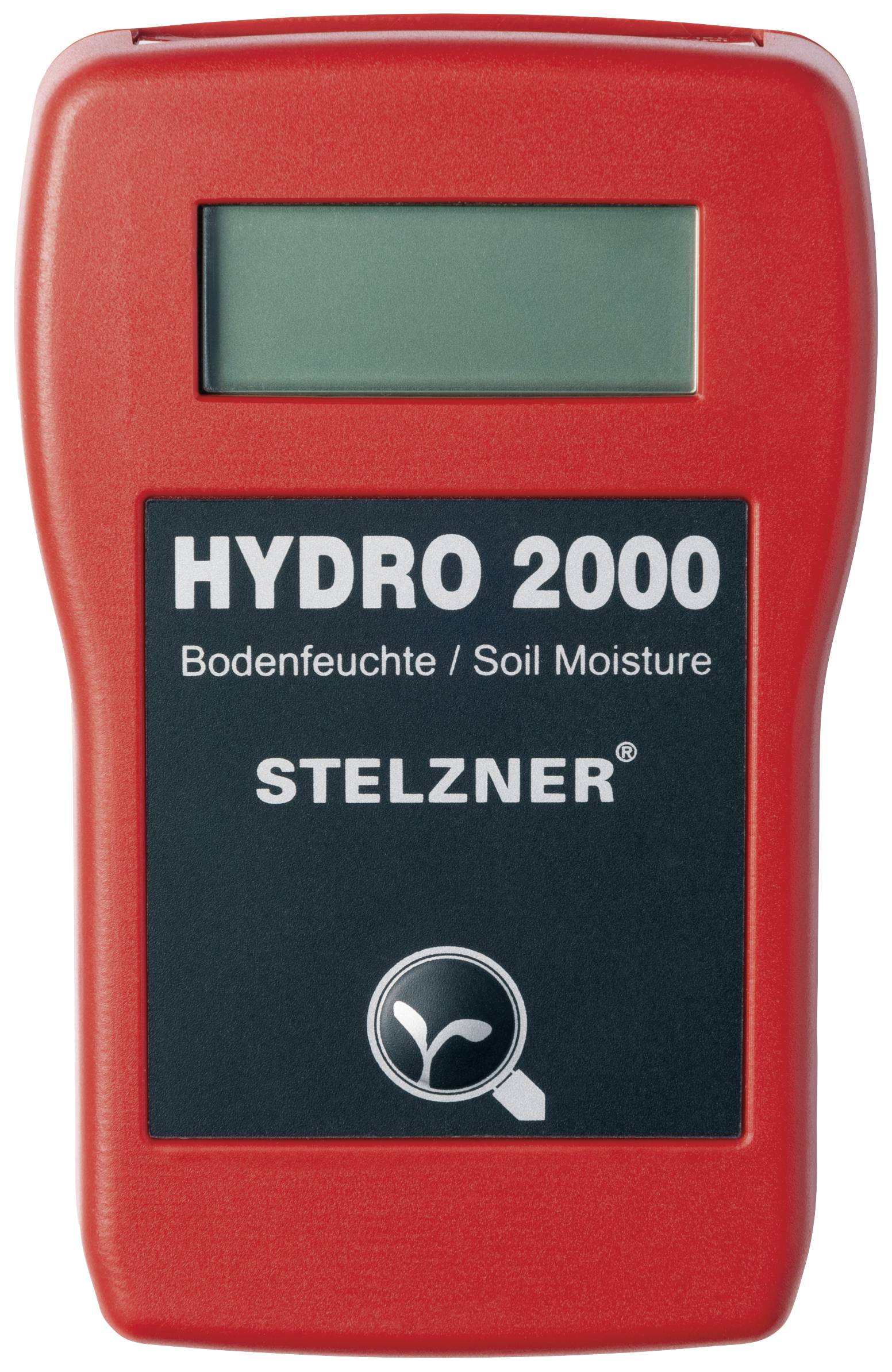 Stelzner 'HYDRO 2000' piros talajnedvesség-mérő eszköz, amely kijelzi a talaj nedvességtartalmát. Kijelzővel rendelkezik a mérési eredmények megjelenítéséhez.