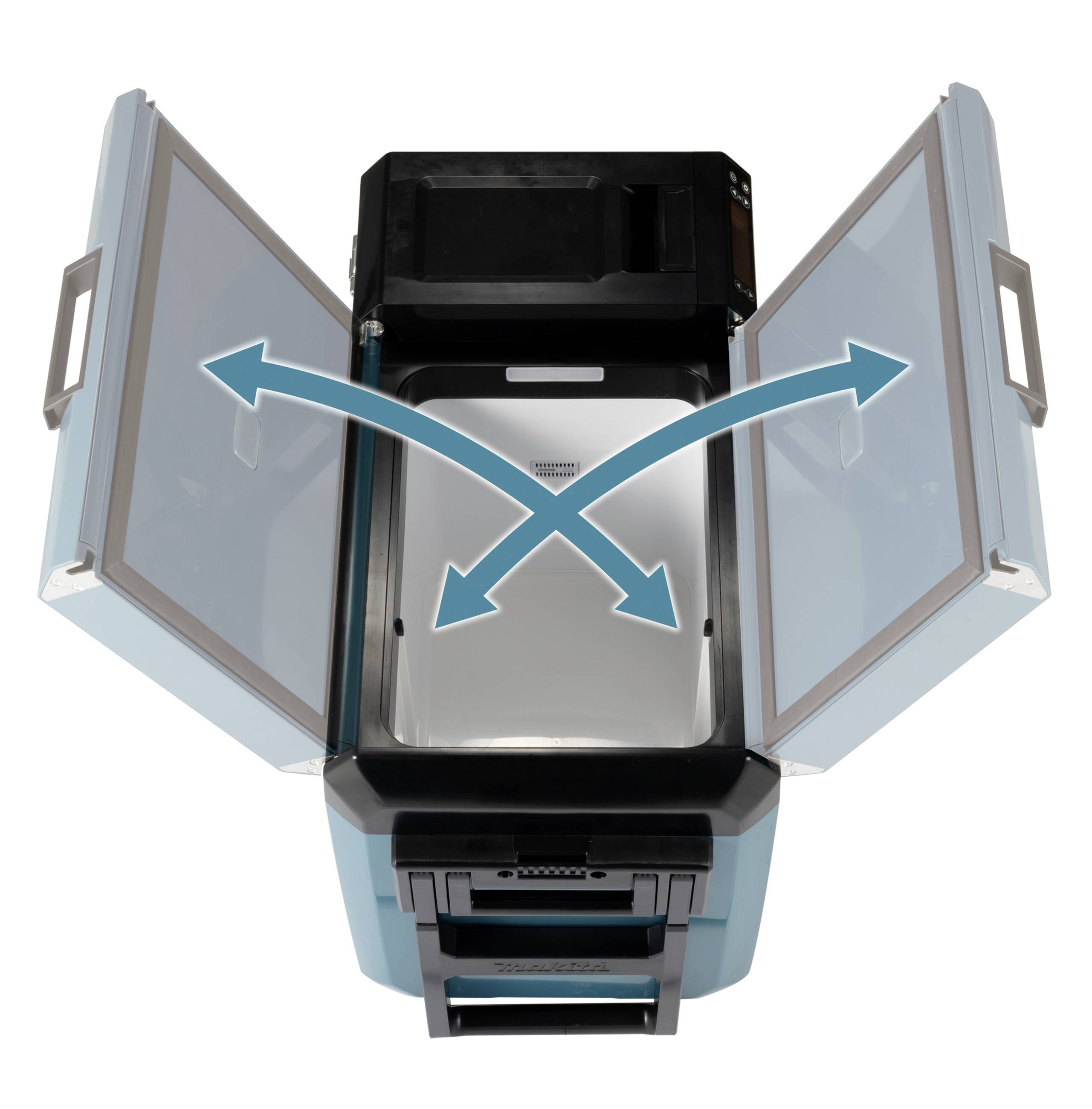 A kép egy nyitott fedelű nyomtatót mutat, amelynek fedelén két kifelé mutató nyíl jelzi a nyitás irányát.